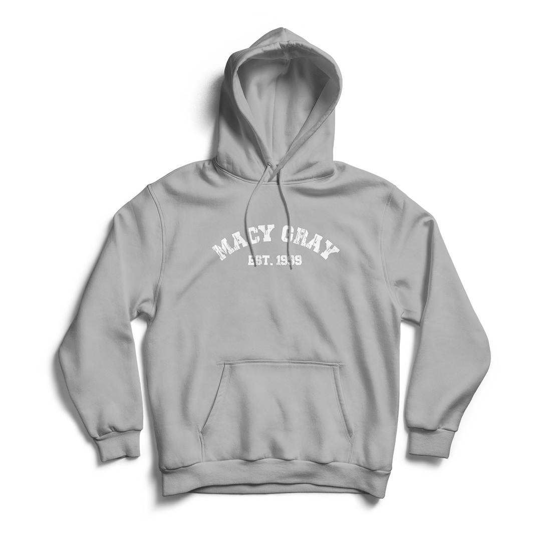 Heather Gray Pullover Hoodie with "MAcy Gray, Est. 1999" graphic in white 